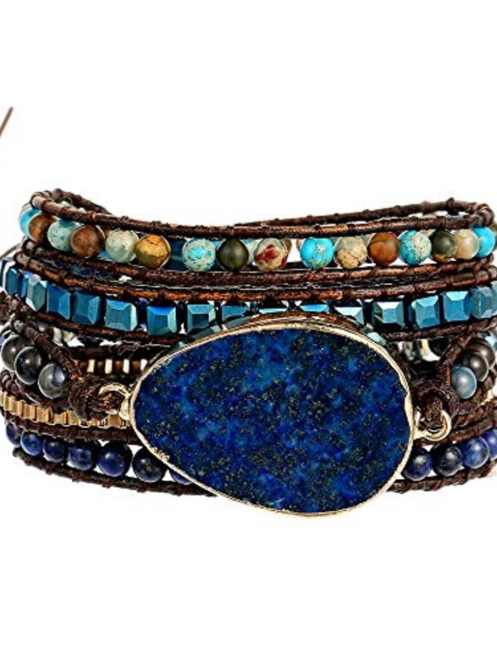 Bohemian Natural Stone Crystal Wrap Bracelet, Lapis Lazuli, Adjustable Leather